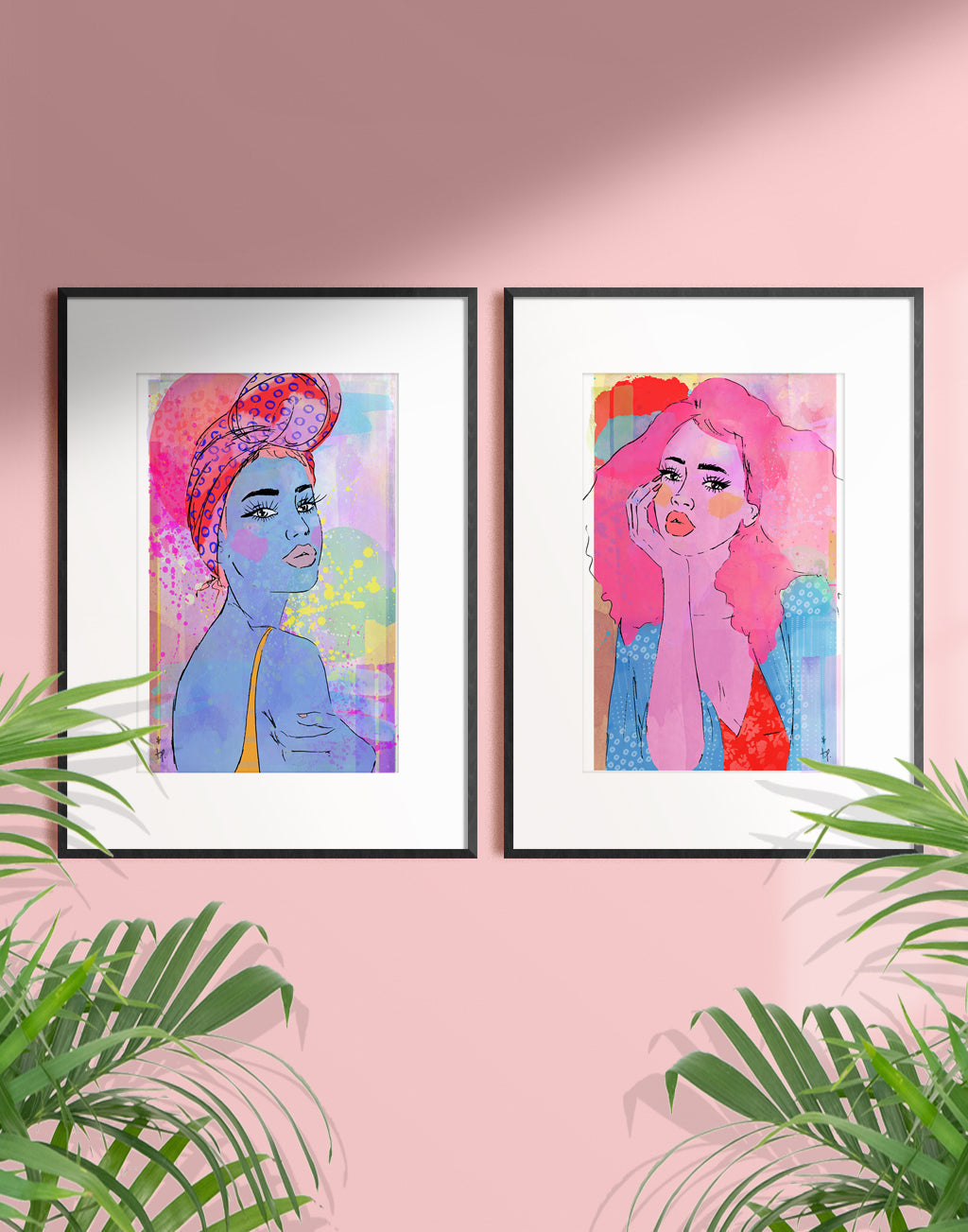 Framed mixed media illustration of a woman in a patterned headwrap Tatiana Poblah