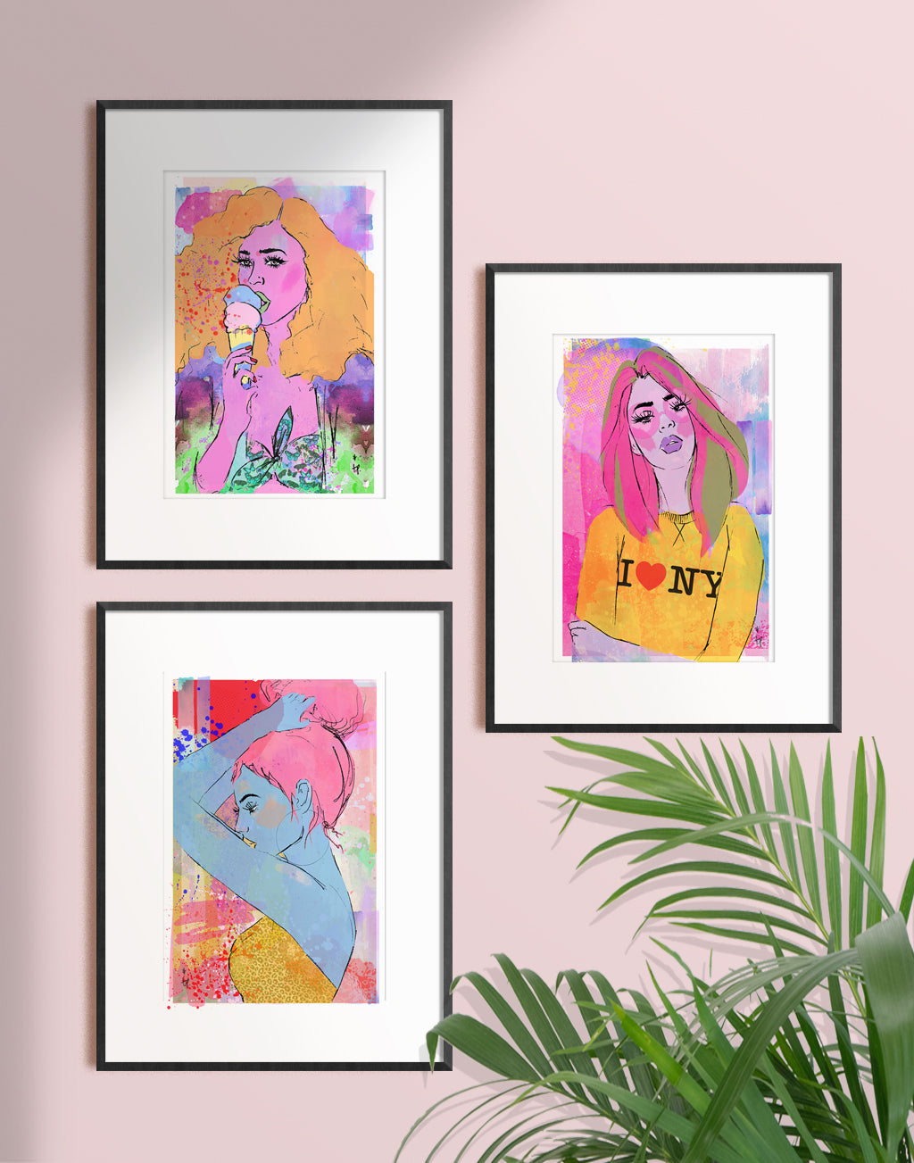 Framed mixed media illustration of a woman eating ice-cream by Tatiana Poblah