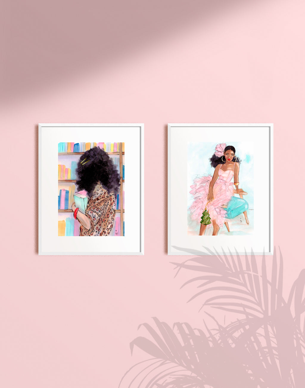 Framed illustration of a young woman at a library looking at a bookshelf full of books by Tatiana Poblah