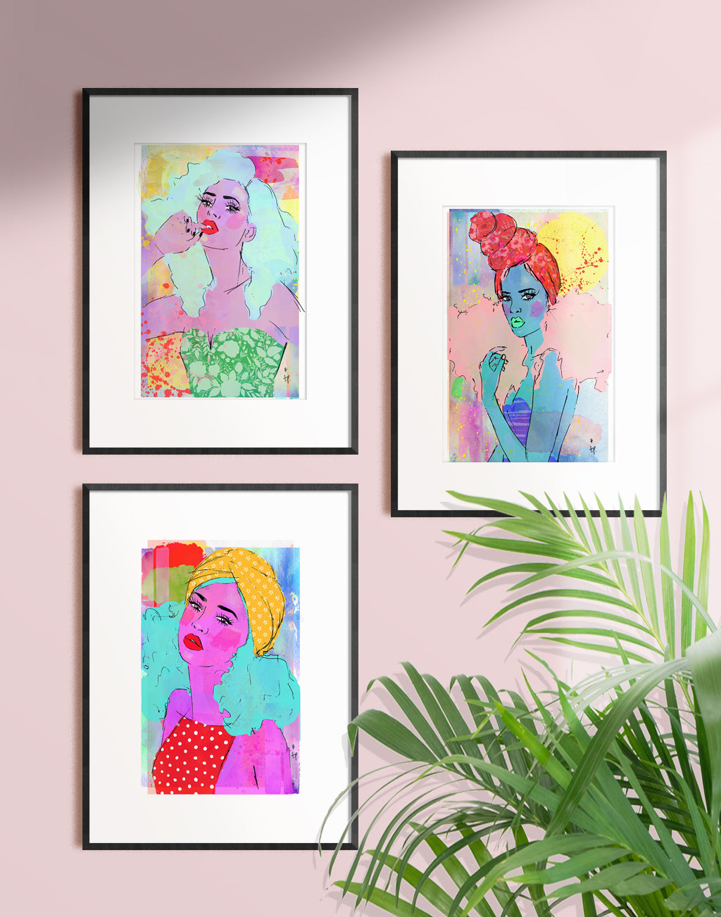 Framed mixed media illustration of a woman wearing a polka dot top and a head scarf with stars by Tatiana Poblah