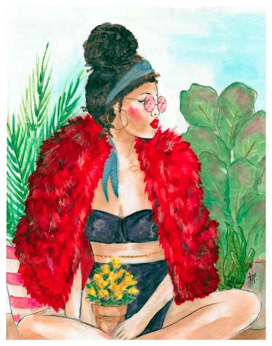 Illustration of a woman with her curly hair in a bun surrounded by plants and wearing a red fur jacket, black bra and panties by Tatiana Poblah