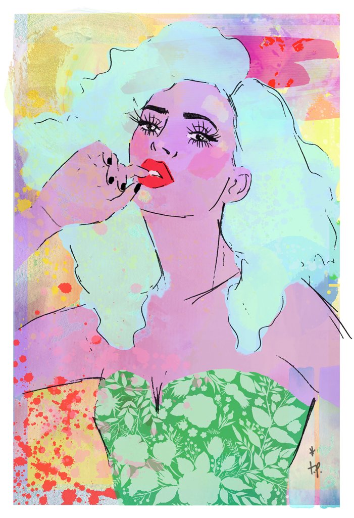 Mixed media illustration of a woman with aqua hair by Tatiana Poblah
