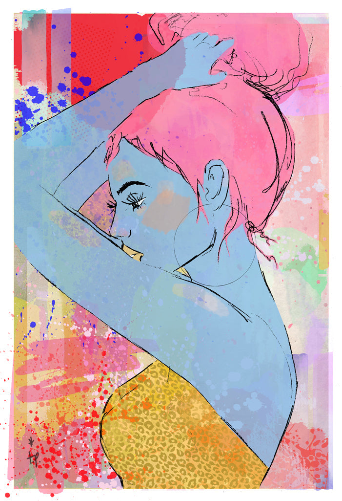 Mixed media illustration of a profile view of a woman by Tatiana Poblah