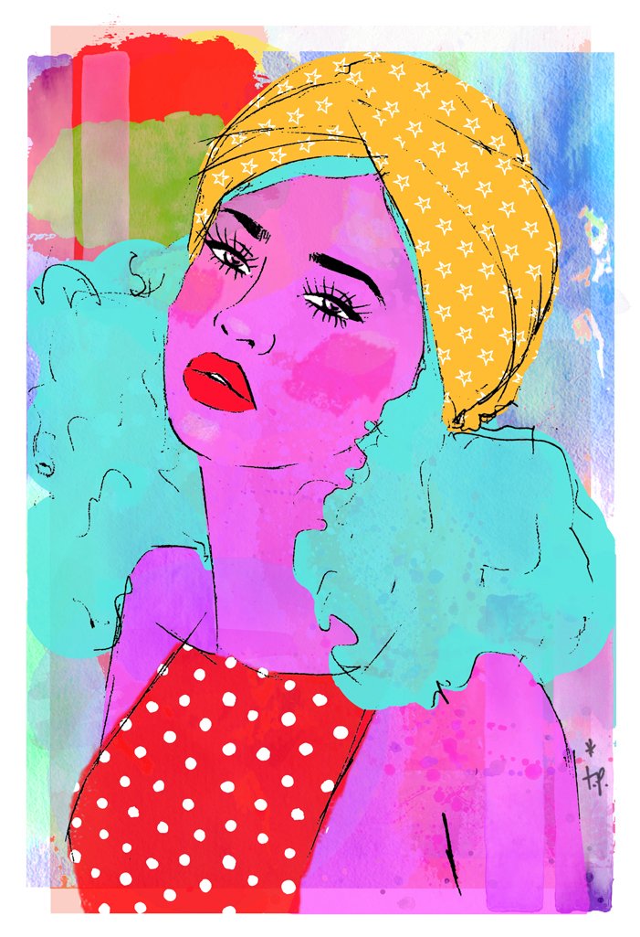 Mixed media illustration of a woman wearing a polka dot top and a head scarf with stars by Tatiana Poblah