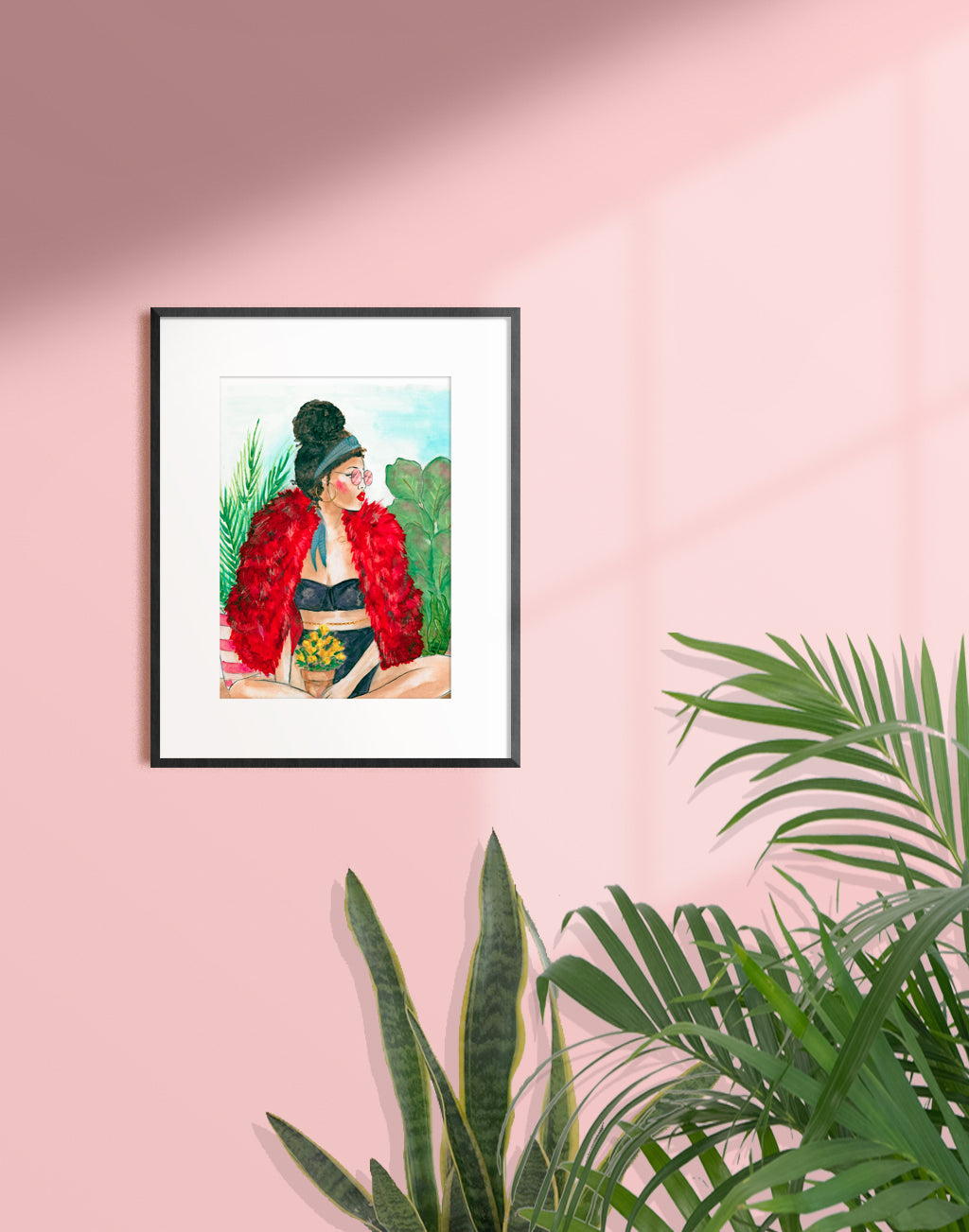 Framed illustration of a woman with her curly hair in a bun surrounded by plants and wearing a red fur jacket, black bra and panties by Tatiana Poblah