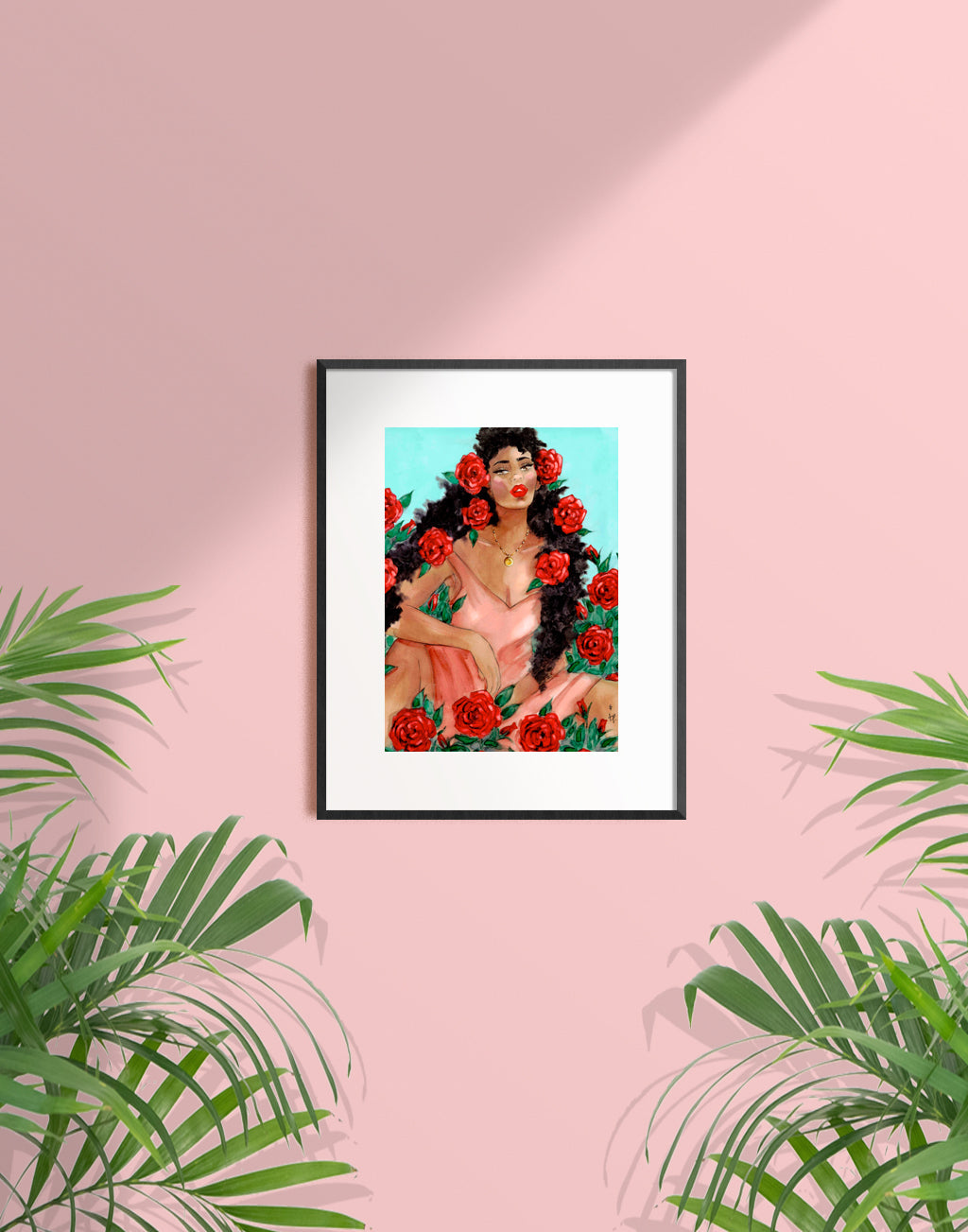 Framedf illustration of a gorgeous woman with red roses in her hair sitting in a bush of red roses by Tatiana Poblah