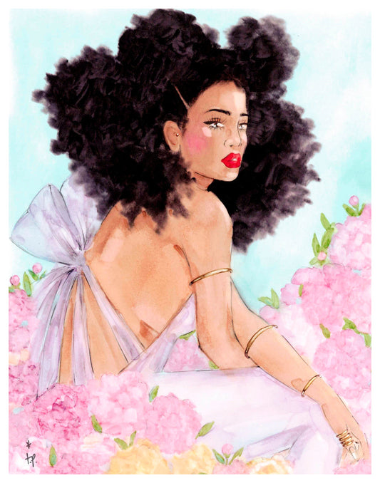 Illustration of a woman with big curly hair sitting in a field of peonies by Tatiana Poblah
