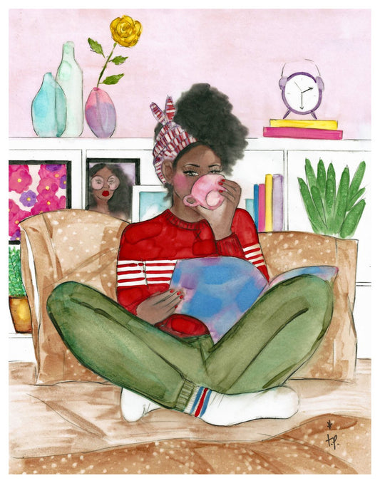 Illustration of a beautiful black woman in sweat pants and sweater with her hair up drinking tea and reading a magazine while sitting cross legged on her bed by Tatiana Poblah