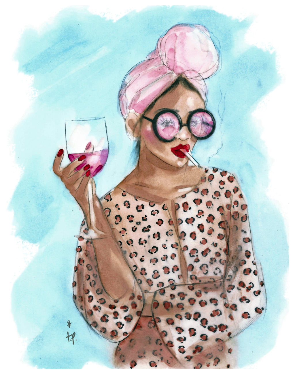 Print of a woman holding a glass of wine and wearing a headscarf by Tatiana Poblah