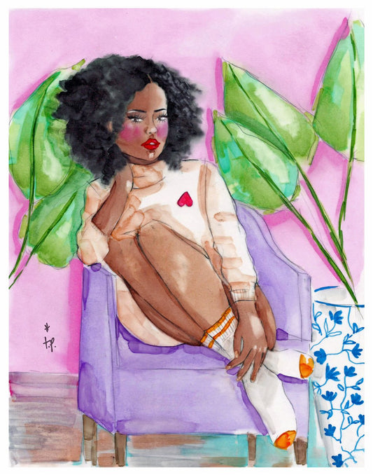 Illustration of a beautiful black woman sitting with her legs up on a lilac armchair wearing sports socks and a cozy sweater by Tatiana Poblah