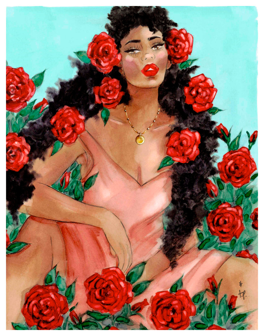 Marker illustration of a woman with red roses in her hair sitting in a bush of red roses by Tatiana Poblah
