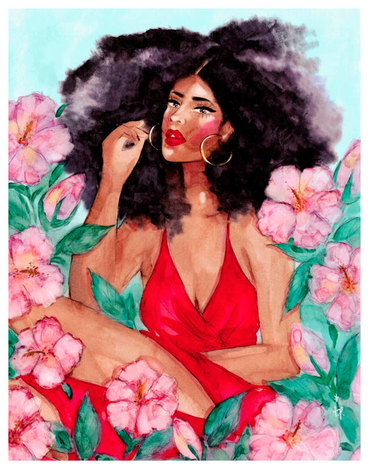 Illustration of a beautiful woman among hibiscus flowers by Tatiana Poblah