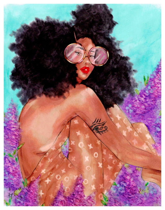 Woman with curly hair and big sunglasses sitting in a lilac bush by Tatiana Poblah